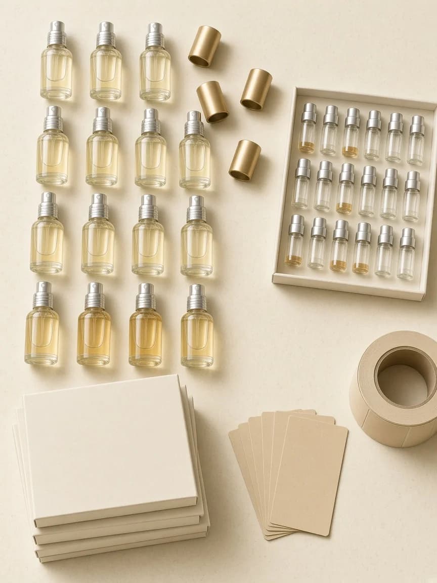 Filled perfume bottles, sample vials and gift boxes, ready for packing