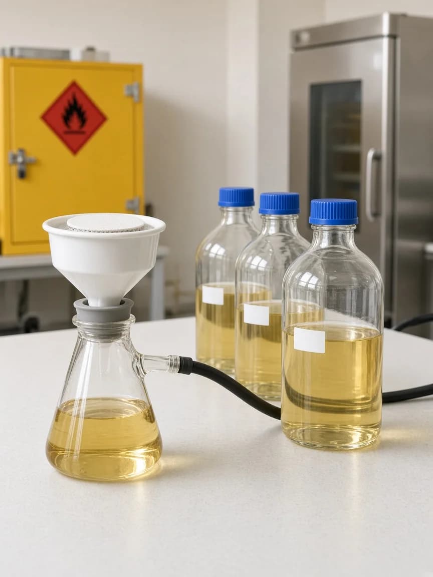 Perfume filtered through a Buchner funnel, beside 5 litre borosilicate glass bottles of finished perfume