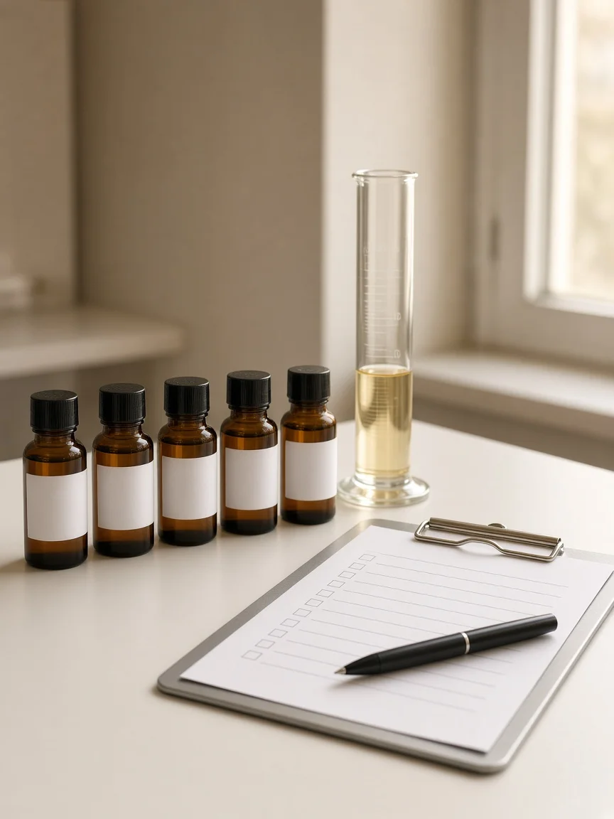 Retained batch samples and a batch record on a laboratory bench